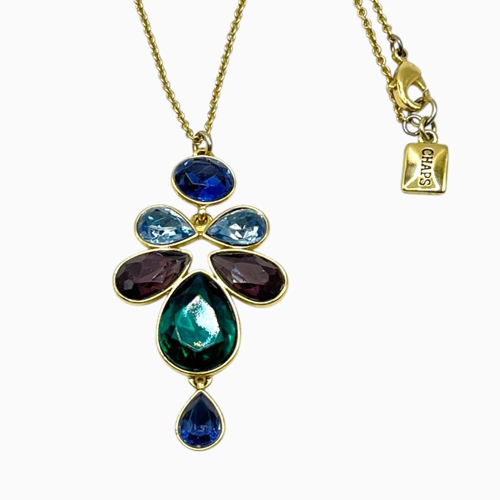 Colorful Rhinestone Statement Necklace Gold Tone Pendant Long Art Nouveau Style